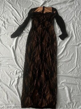 Black Lace Over Nude Long Sleeve Evening Dress